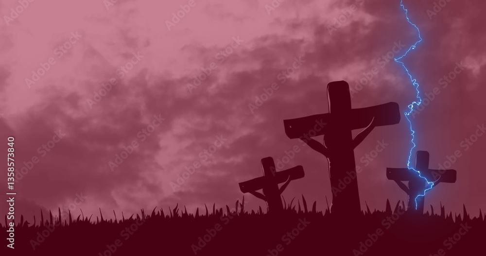 Poster digital composition of thunder effect over crucifix on cross against clouds in the sky