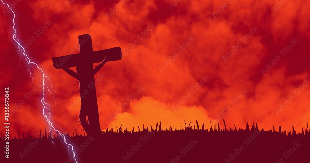 Poster digital composition of thunder effect over crucifix on cross against clouds in the sky