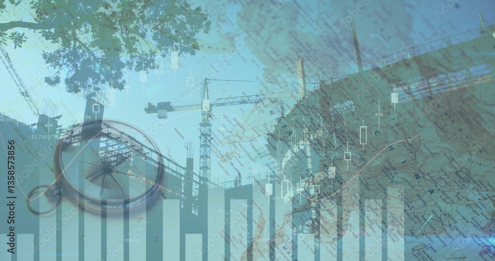 Poster image of a compass with a graph moving over a construction site
