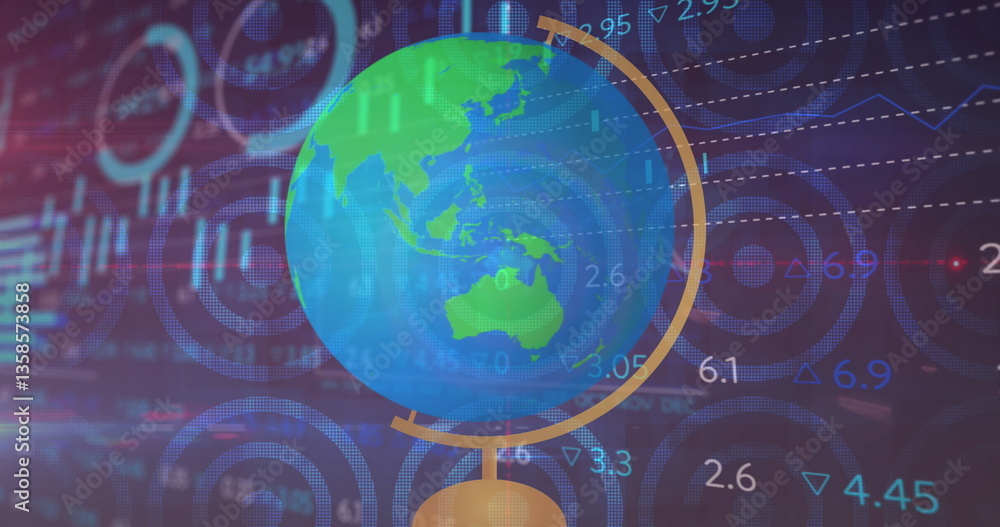 Poster image of globe spinning with numbers and graphs rolling in the background