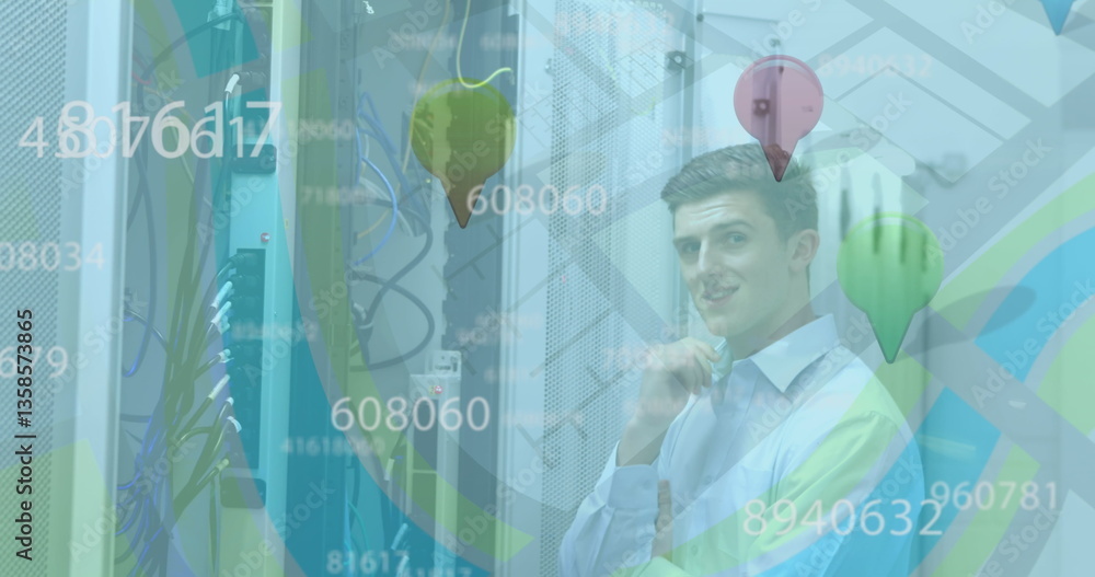 Poster image of numbers floating over caucasian man working in a server room