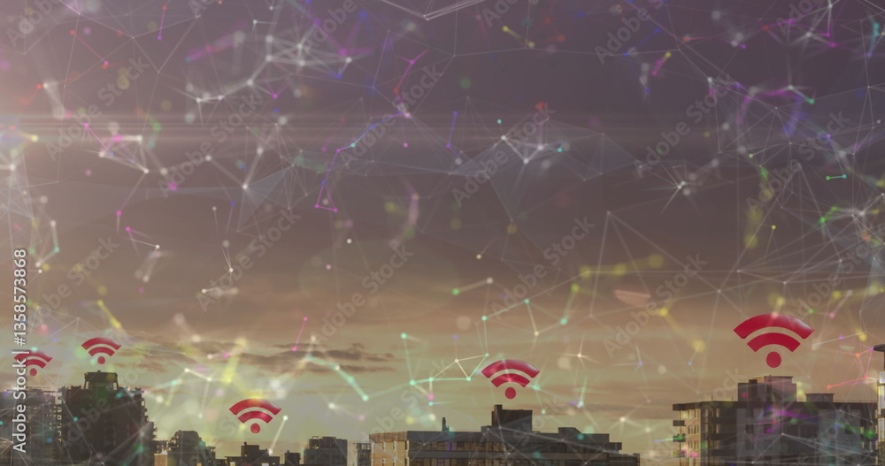 Poster image of skyscrapers with wifi symbols and a colourful network of connections