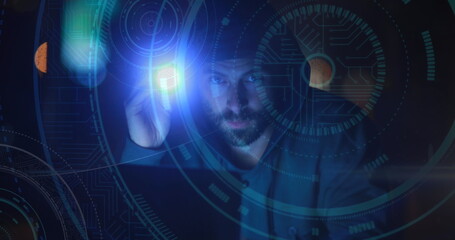 Image of scopes scanning and glowing spotlights over hacker with electric torch