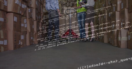 Digital composition of data processing against mid section of people in warehouse