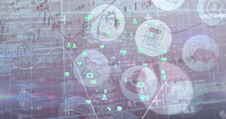 Image of a moving graph and floating technological icons with data and information