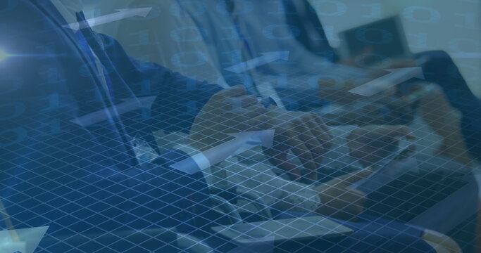 Image of binary coding and arrows over people using electronic devices