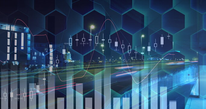 Image of financial data processing over hexagons and cityscape at night