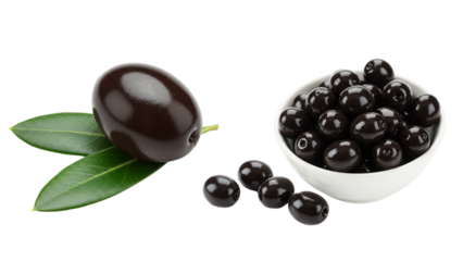 Close-up of a single black olive with leaves and a bowl filled with black olives, set against a clean, light backdrop.