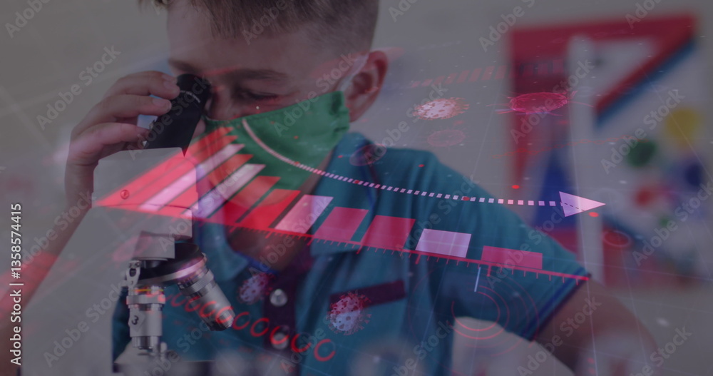 Poster coronavirus statistical data processing against boy wearing face mask using microscope at laboratory