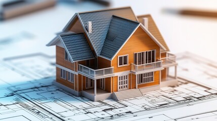 A 3D-rendered house model atop a detailed architectural floorplan, emphasizing the alignment of design elements and practical layout. 