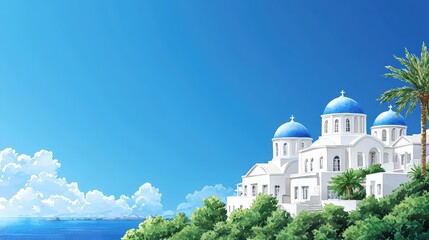 Obraz premium A picturesque illustration depicts a stunning whitewashed church with blue domes perched atop a verdant hillside overlooking a serene azure sea under a vibrant clear blue sky.