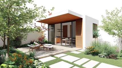 Fototapeta premium A backyard cottage ADU with a modern design, featuring a compact footprint, a small patio area, and an inviting interior for flexible living. 