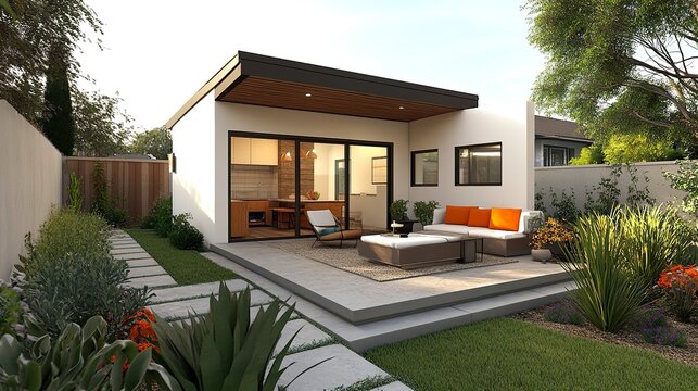 A backyard cottage ADU with a modern design, featuring a compact footprint, a small patio area, and an inviting interior for flexible living 