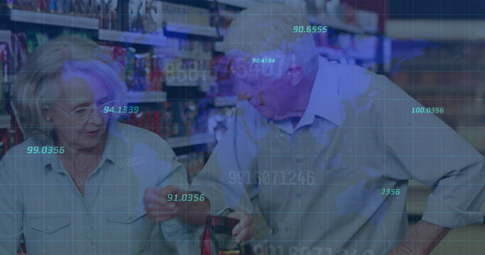 Image of numbers changing and financial data processing over senior couple shopping