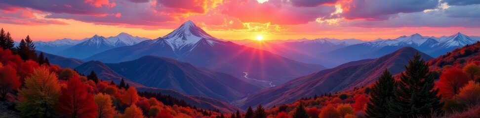 Colorful sunset over majestic mountain range with fall colors, mountains, landscape, panorama