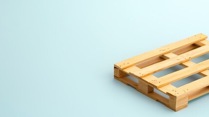 A small wooden pallet sits on a light blue background providing ample copy space for text or design elements perfect for logistics or shipping concepts.