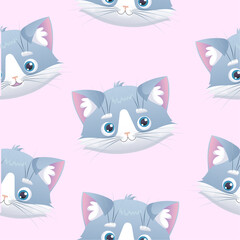 Seamless pattern cute gray cat on a pink background. Gray cat smiles and looks in different directions
