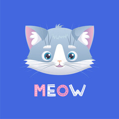 Postcard cute gray cat on a blue background. Gray cat with blue eyes smiling. Meow