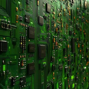 A detailed view of a complex green circuit board system