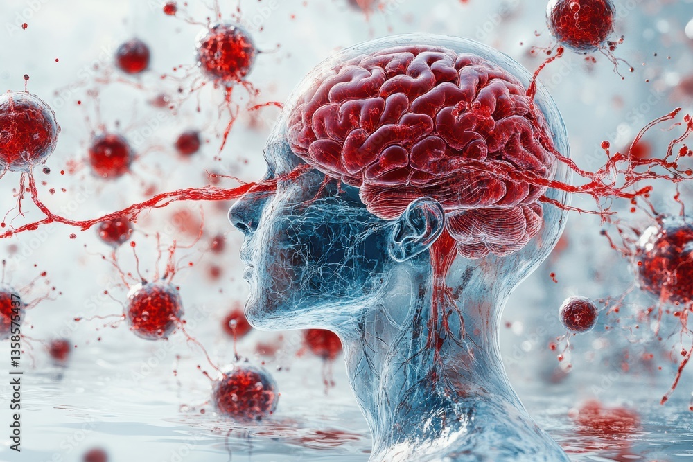 Poster A striking visualization of the human brain surrounded by particles, illustrating the connection between thought and emotion.