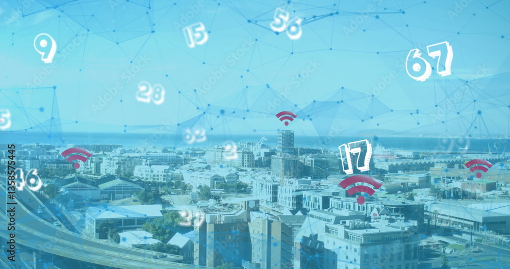 Aufkleber image of floating numbers with net of connections and net icons over a cityscape