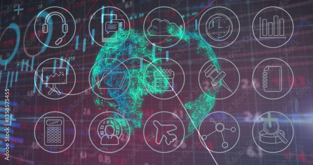 Poster image of a globe made of connections spinning with graphs rolling over technological icons