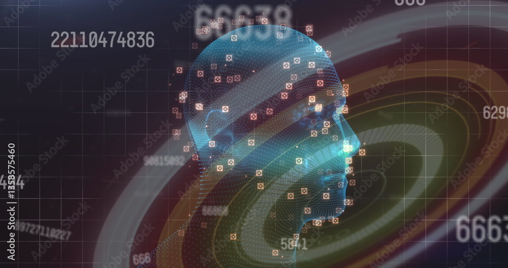 Poster image of scope scanning, numbers changing over human head spinning on grid in background