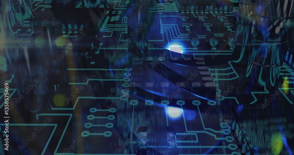 Poster image of colourful shapes with a blue microprocessor