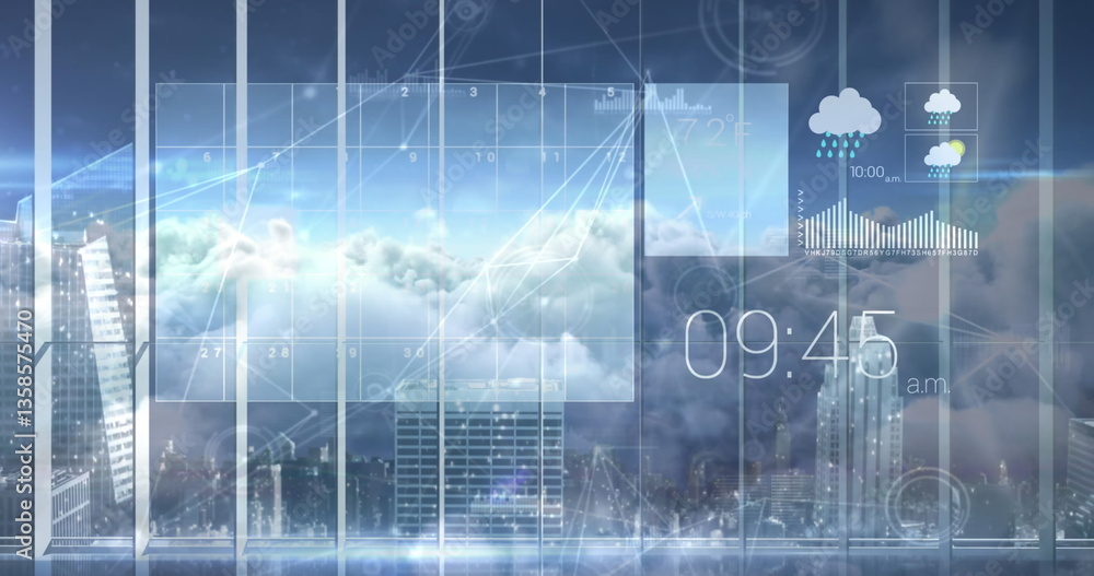 Poster image of a weather website with clouds moving over a cityscape