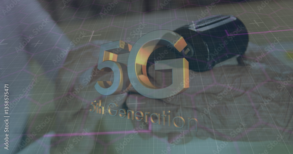 Poster image of 5g 5th generation text over woman using terminal for payment in background