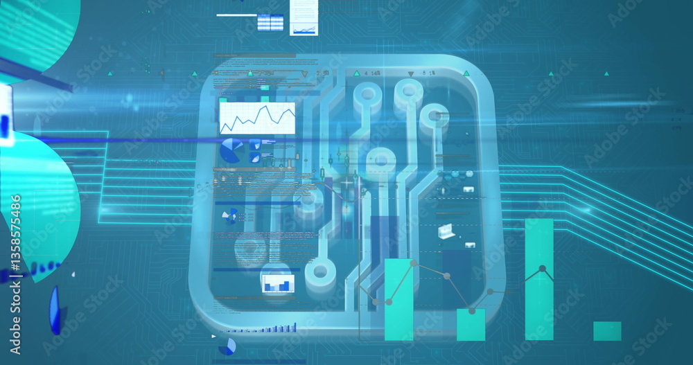 Poster digital image of financial data processing against microprocessor connections on blue background