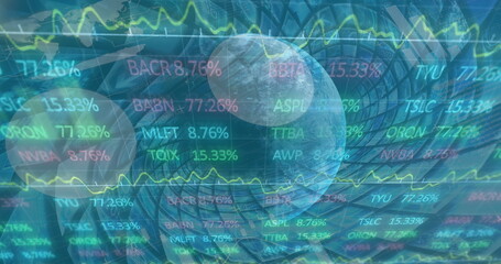 Image of rolling graphs with data and information over globe spinning