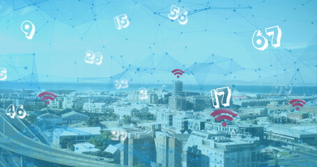 Image of floating numbers with net of connections and net icons over a cityscape