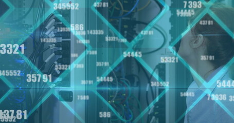 Image of floating changing numbers over caucasian woman working in server room