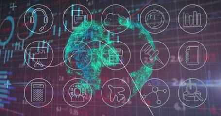 Image of a globe made of connections spinning with graphs rolling over technological icons