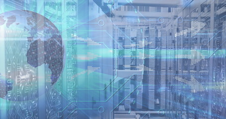 Image of globe spinning with pixel arrows over a cityscape