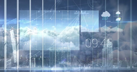 Image of a weather website with clouds moving over a cityscape