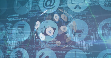 Image of globe of light bulb icons spinning against multiple digital icons on blue background