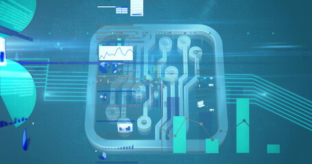 Digital image of financial data processing against microprocessor connections on blue background