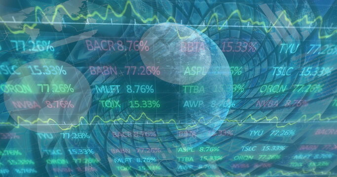 Image of rolling graphs with data and information over globe spinning