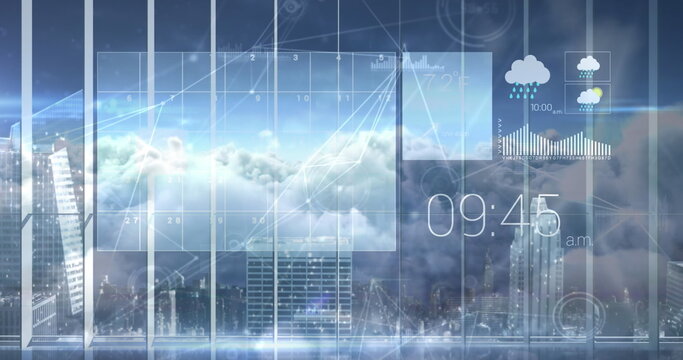 Image of a weather website with clouds moving over a cityscape