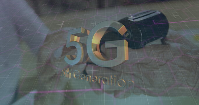 Image of 5g 5th generation text over woman using terminal for payment in background