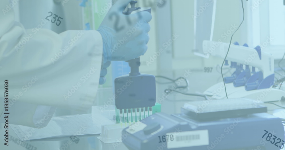 Poster image of statistics with hands of scientist testing with equipment in lab