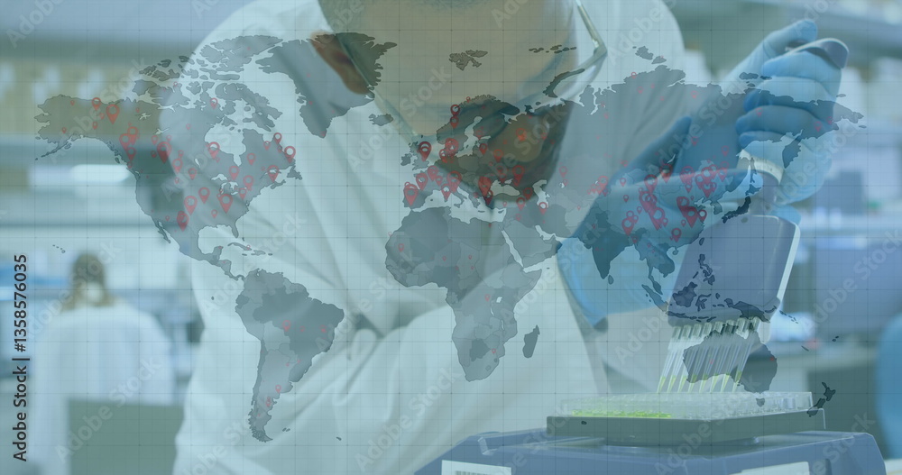 Poster image of world map with hands of scientist testing with equipment in lab