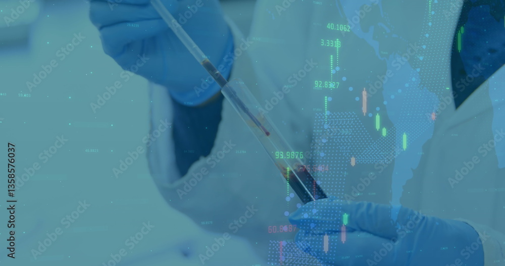 Poster image of digital interface world map and statistics with hands of scientist testing in lab