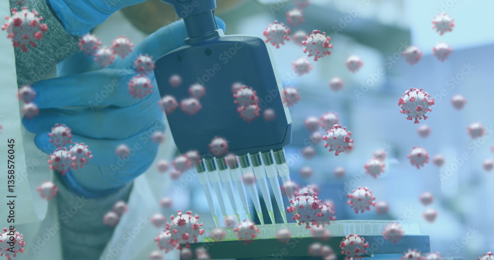 Aufkleber image of covid cells with hands of scientist testing with equipment in lab