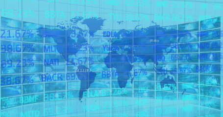 Image of a blue world map with data and information moving over multiple screens
