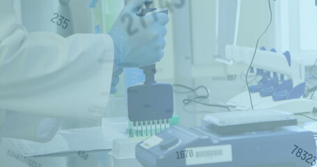 Image of statistics with hands of scientist testing with equipment in lab