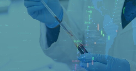 Image of digital interface world map and statistics with hands of scientist testing in lab