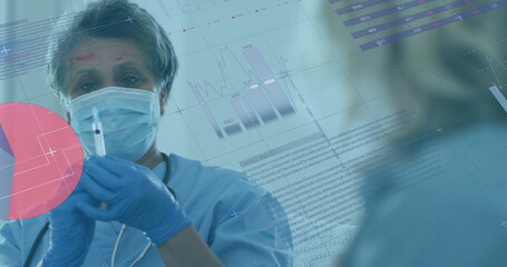 Image of digital interface showing statistics with masked female doctor giving vaccination to patien